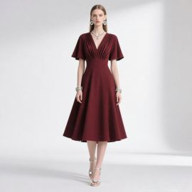 Burgundy V-Neck Short Sleeve Midi Dress - Elegant Cinched Waist Formal Gown