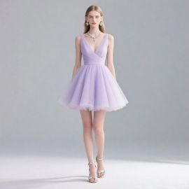 Elegant Lilac Tulle V - Neck Short Party Dress for Weddings & Events