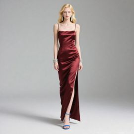 Elegant Burgundy Satin Spaghetti Strap Slit Maxi Dress - Chic Evening Gown