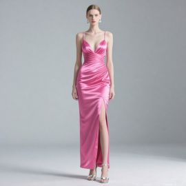 Pink Satin Spaghetti Strap Maxi Dress with Side Slit & Ruched Waist
