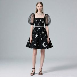 Chic Black Starry Moon Print Puff Sleeve Square Neck A - Line Mini Dress