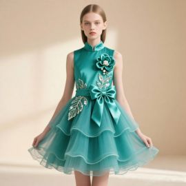 Emerald Green Sleeveless High-Neck Dress: Big Bow, Floral Pearl & Sequin Leaves Tulle Skirt