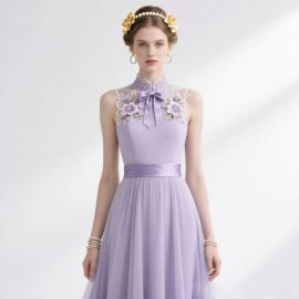 Lavender Embroidered Lace High-Neck Midi Dress with Bow & Floral Details