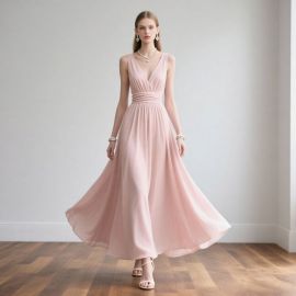 Elegant Blush Pink Sleeveless V-Neck Flowy Long Dress for Women