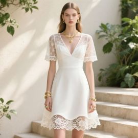 Elegant White Lace Dress: V-Neck Short Sleeves Floral Hem Skater Style