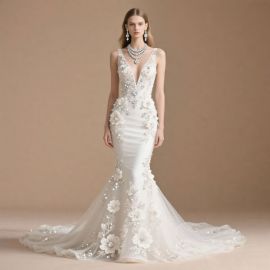 Luxury Mermaid Wedding Dress: Deep V-Neck, Floral Embroidery & Beaded Train