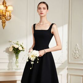 Elegant Black Square Neck Sleeveless Midi Dress - Chic Evening Party Wear