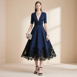 Navy Blue V-Neck Short Sleeve Lace Midi Dress with Pleated Waist