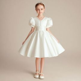 Elegant Kids Girls White Satin Dress with Puff Sleeves - Ideal for Weddings & Parties
