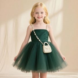 Girls' Emerald Green Tulle Dress with Pearl Straps - Party & Wedding Ready