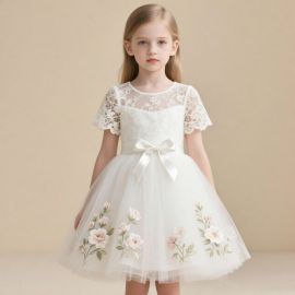 Girls White Lace Embroidered Tulle Dress - Elegant Party Flower Girl Gown