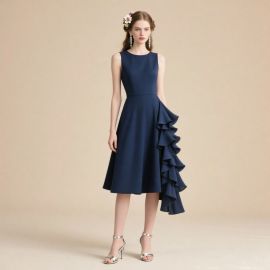 Elegant Navy Blue Sleeveless Midi Dress with Asymmetric Ruffle Hem - Formal Evening Wear