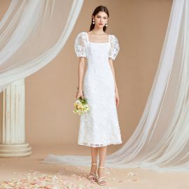 Elegant White Lace Midi Dress with Puff Sleeves - Perfect for Weddings & Formal Events