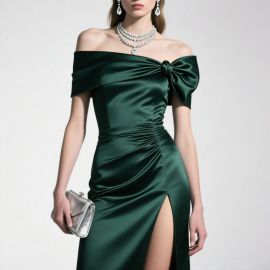 Emerald Green Off - Shoulder Satin Dress with Bow Detail & High Slit - Elegant Evening Gown