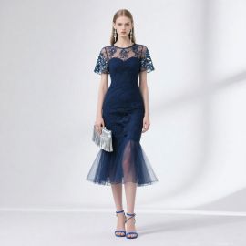 Elegant Navy Blue Lace Mermaid Dress with Sheer Mesh & Sequin Details
