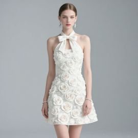 Elegant White Halter Mini Dress: 3D Rose Embroidery & Bow Neck Design for Chic Occasions