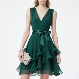 Emerald Green Sleeveless V-Neck Dress with Bow Belt & Ruffled Skirt