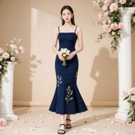 Elegant Navy Blue Spaghetti Strap Mermaid Midi Dress with Embroidery - Bridesmaid & Formal Wear