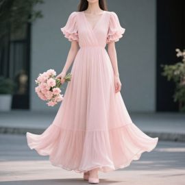 Women's Pink Maxi Dress: V-Neck Ruffled Sleeves Flowy Chiffon Skirt Elegant Summer Style