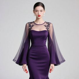 Purple Fitted Mermaid Dress with Sheer Bell Sleeves & Embroidered Details