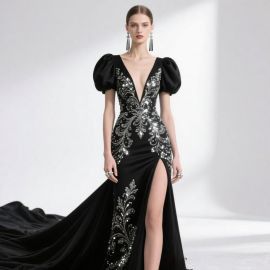 Elegant Black Evening Gown: Deep V Neck, Puff Sleeves & Sequined High Slit Train