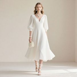 Elegant White V-Neck Midi Dress with Puff Sleeves for Women