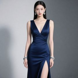 Elegant Navy Blue Satin Evening Gown - Deep V-Neck & High Slit Design