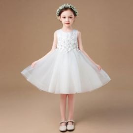 White Sleeveless Lace Flower Girl Dress - Kids Formal Gown for Weddings & Events