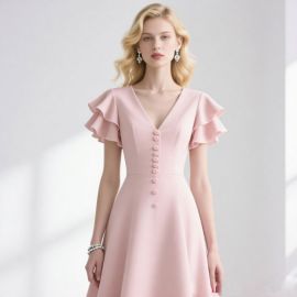 Chic Pink V-Neck Dress with Ruffled Sleeves & Button Front - Elegant Women's Fashion