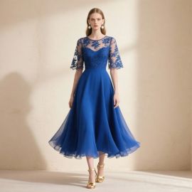 Elegant Royal Blue Lace Midi Dress: Half Sleeves Formal Evening Gown