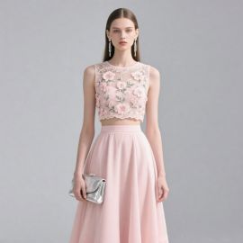 Romantic Pink Floral Embroidery Two-Piece Dress Set - Lace Crop Top & High-Waist Skirt