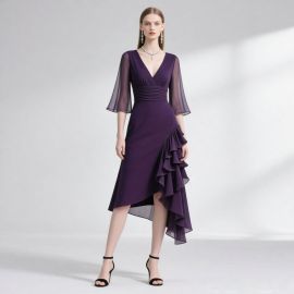 Elegant Purple V-Neck Asymmetrical Ruffled Midi Dress - Chiffon Sleeves & High-Low Hem