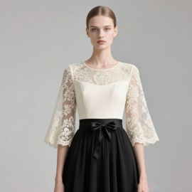 Elegant Two-Tone Lace-Sleeve Dress with Bow Belt - Chic Formal Style