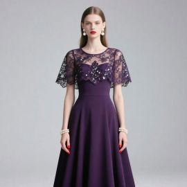 Elegant Purple Lace & Sequin Short-Sleeve Evening Gown - Vintage Formal Dress