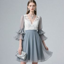 Elegant White Lace & Gray Chiffon Flare-Sleeve V-Neck Party Dress