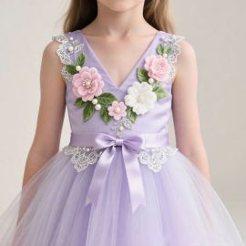 Lavender Girl's Dress with Floral Appliques, Lace Trim & Satin Bow - Tulle Skirt Party Gown