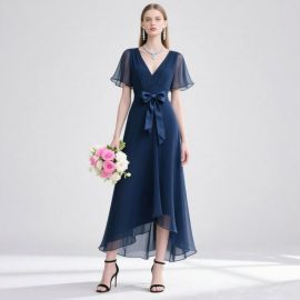 Elegant Navy Blue Chiffon Dress with Bow Belt & Asymmetric Hem
