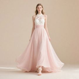 Elegant Blush Pink Halter Neck Lace & Tulle Maxi Dress - Romantic Evening Gown