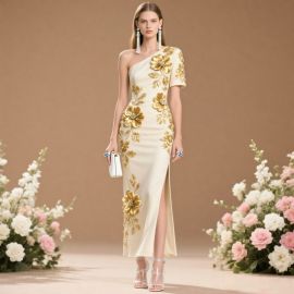 Elegant One-Shoulder Gold Floral Embroidered Slit Evening Gown
