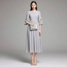 Elegant Gray Midi Dress with Lace Bell Sleeves - Chic Women's Fashion