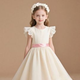 Elegant Girls' Dress with Ruffled Sleeves & Tulle Skirt - Wedding/Party Perfect