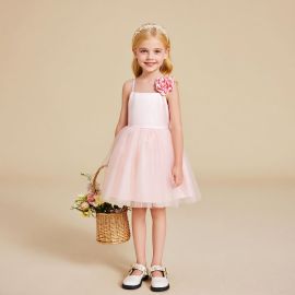 Kids Pink Tulle Dress with Flower Accent - Ideal for Parties & Weddings