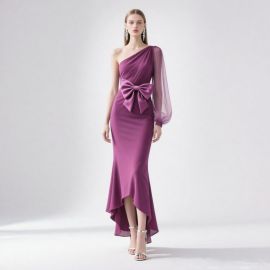 Elegant Purple One-Shoulder Gown with Bow & High-Low Hem for Formal Occasions