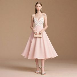 Elegant Pink Spaghetti Strap Embroidered Midi Dress - Chic Formal Evening Gown