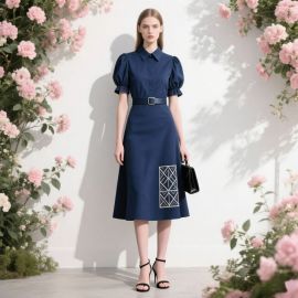 Navy Blue Puff Sleeve Belted Midi Dress with Geometric Embroidery