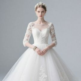 Elegant Lace Long - Sleeve Ball Gown Wedding Dress with Sheer Sleeves