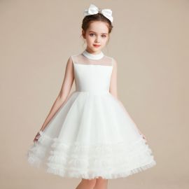 Charming Girls White Tulle Dress: Princess-Style for Weddings & Special Occasions