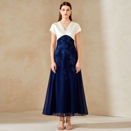 Elegant V - Neck Color - Block Lace Trim Floral Embroidered Floor - Length Gown