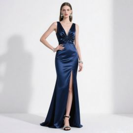 Elegant Navy Blue Satin Evening Gown - V-Neck & High Slit Design
