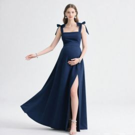 Navy Blue Maternity Gown with Bow Straps & High Slit - Elegant Pregnancy Dress